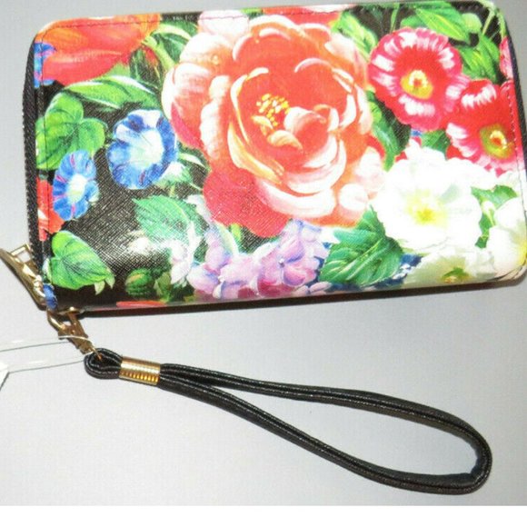 Floral Print Double Zip Around Large Wallet With Removable Strap - Picture 1 of 3